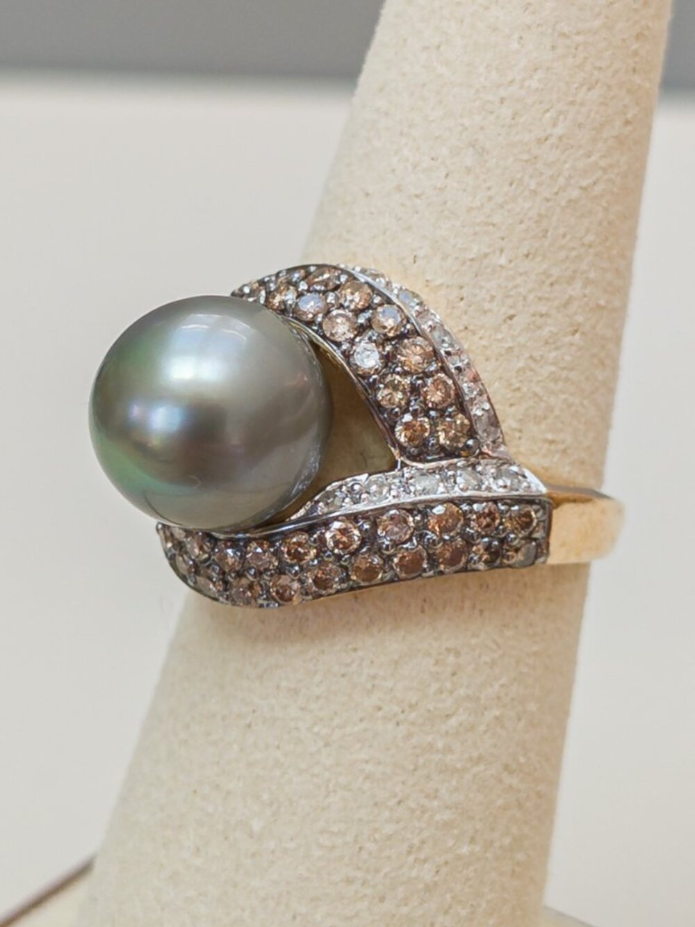 14k Yellow Gold Tahitian Pearl & Champagne Diamond Pavé Bypass Ring — 10mm, sz 6